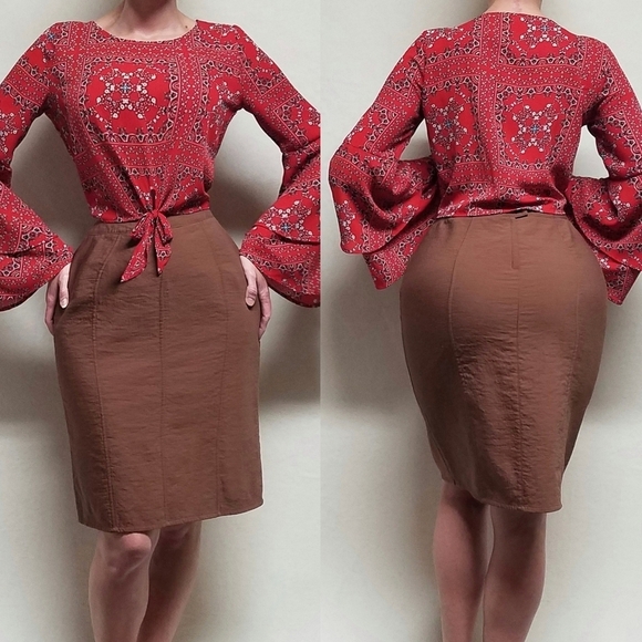90s Vintage Ron Leal Textured Wool Blend Chocolate Brown Paneled Pencil Skirt 10 - Picture 1 of 14